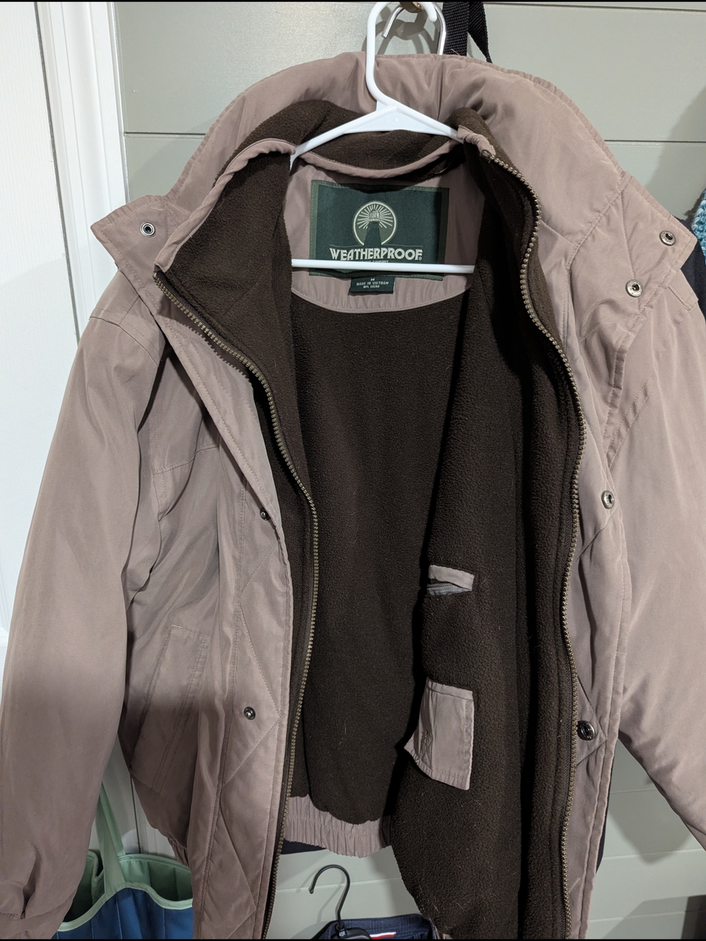 Weatherproof Men's Taupe Hooded Raincoat with Removable Dark Brown Liner